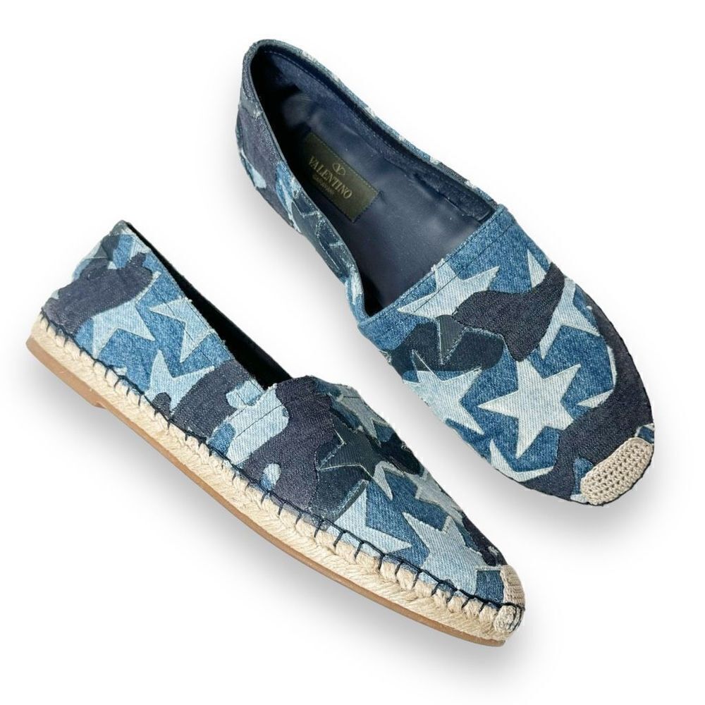 Valentino Blue Denim Stars Camo Canvas Espadrille Flat Sandals Women’s Size 40/9